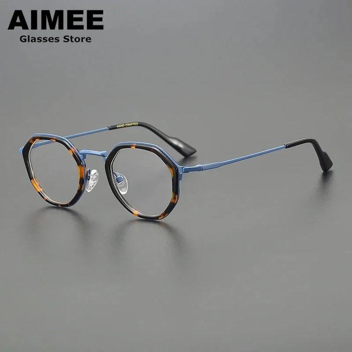 Aimee Unisex Full Rim Round Polygon Titanium Acetate Eyeglasses 14023 Full Rim Aimee Blue-Tortoise