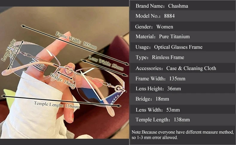 Chashma Ochki Women's Rimless Oval Glitter Edge Titanium Eyeglasses 318884