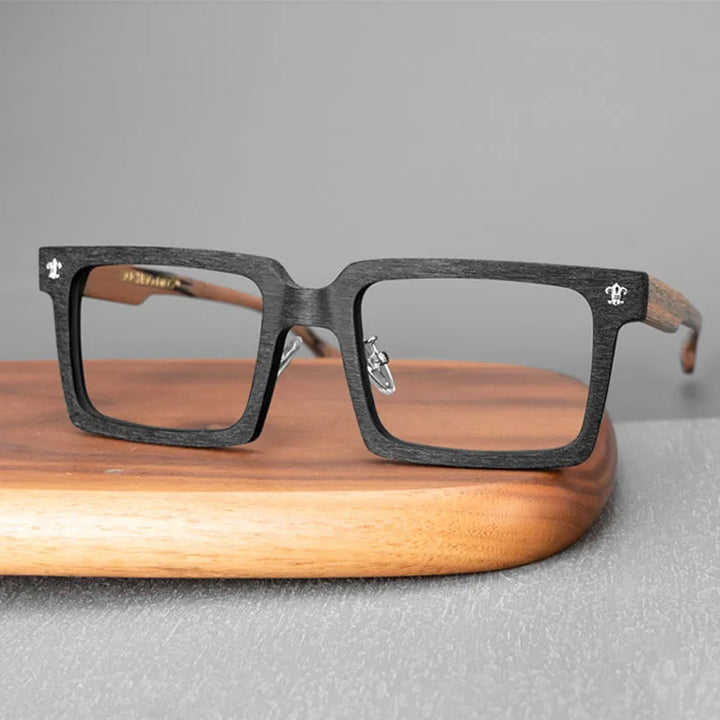 Hdcrafter Unisex Full Rim Big Square Wood Eyeglasses 10959 Full Rim Hdcrafter Eyeglasses Black-Brown