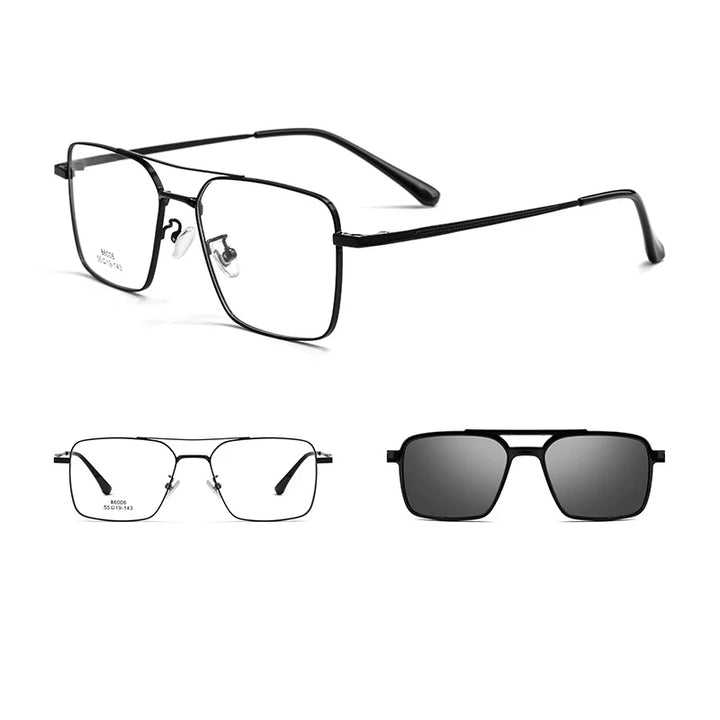 Gmei Men's Full Rim Square Double Bridge Alloy Eyeglasses Clip On Polarized Sunglasses 8606 With Clip Ons Gmei Optical