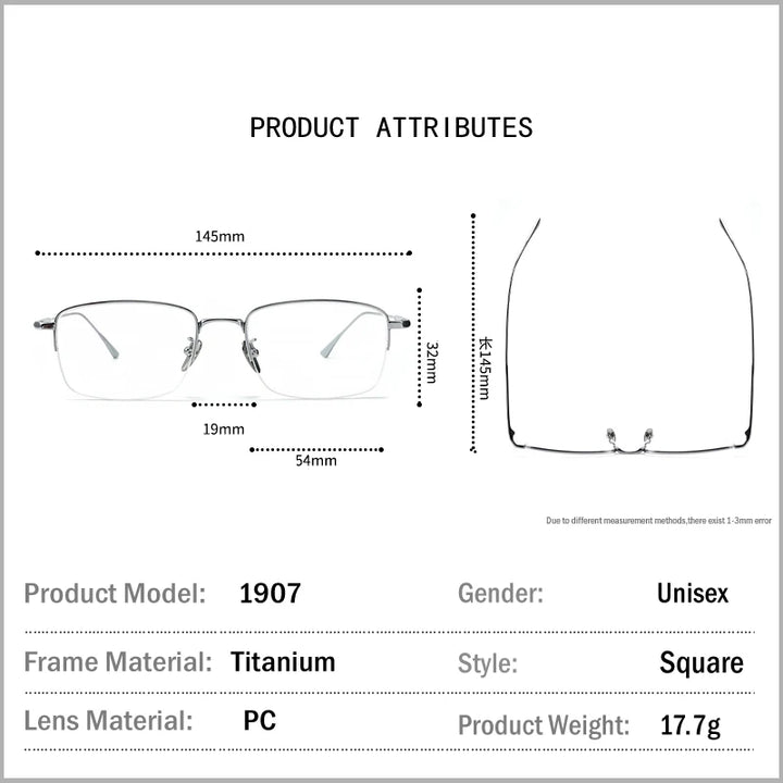 Muzz Unisex Semi Rim Square IP Titanium Eyeglasses 1907 Semi Rim Muzz
