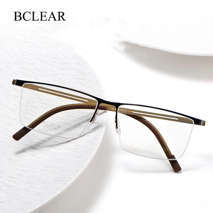 Bclear Men's Semi Rim Square Brow Line Titanium Eyeglasses 0129 Semi Rim Bclear