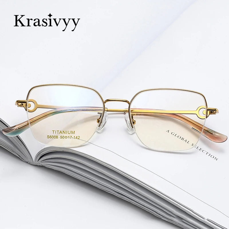 Krasivyy Women's Semi Rim Flat Top Square Titanium Eyeglasses 6008 Semi Rim Krasivyy