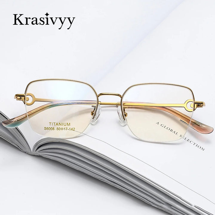 Krasivyy Women's Semi Rim Flat Top Square Titanium Eyeglasses 6008 Semi Rim Krasivyy
