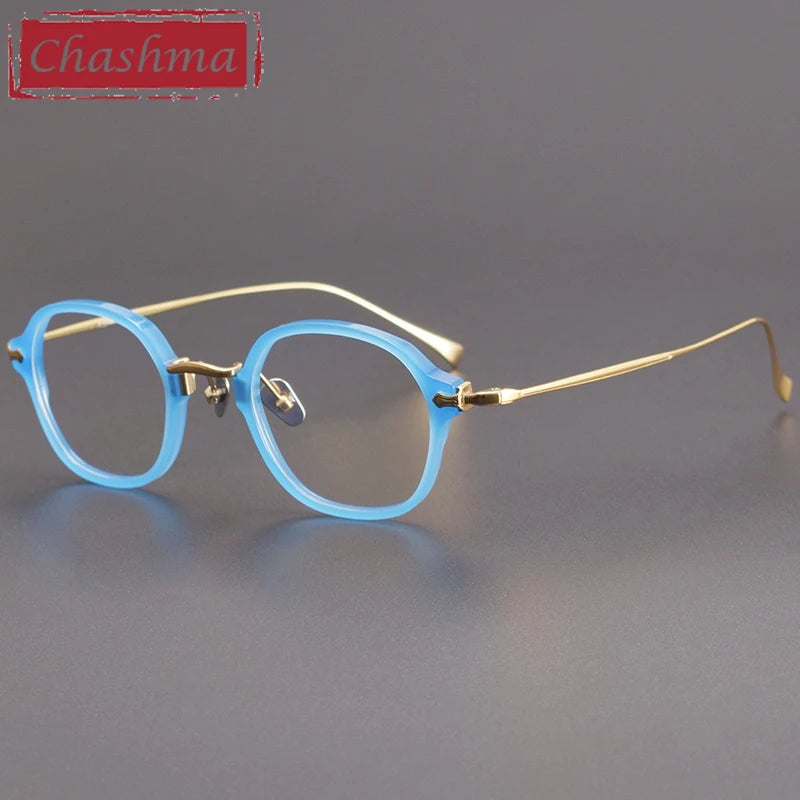 Chashma Unisex Full Rim Flat Top Round Acetate Titanium Eyeglasses 183 Full Rim Chashma Blue Gold
