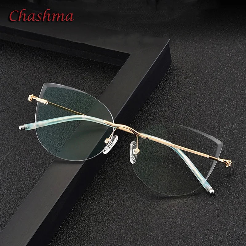 Chashma Ochki Unisex Rimless Cat Eye 3g Titanium Eyeglasses 8587 Rimless Chashma Ochki Gold Green Shape E  