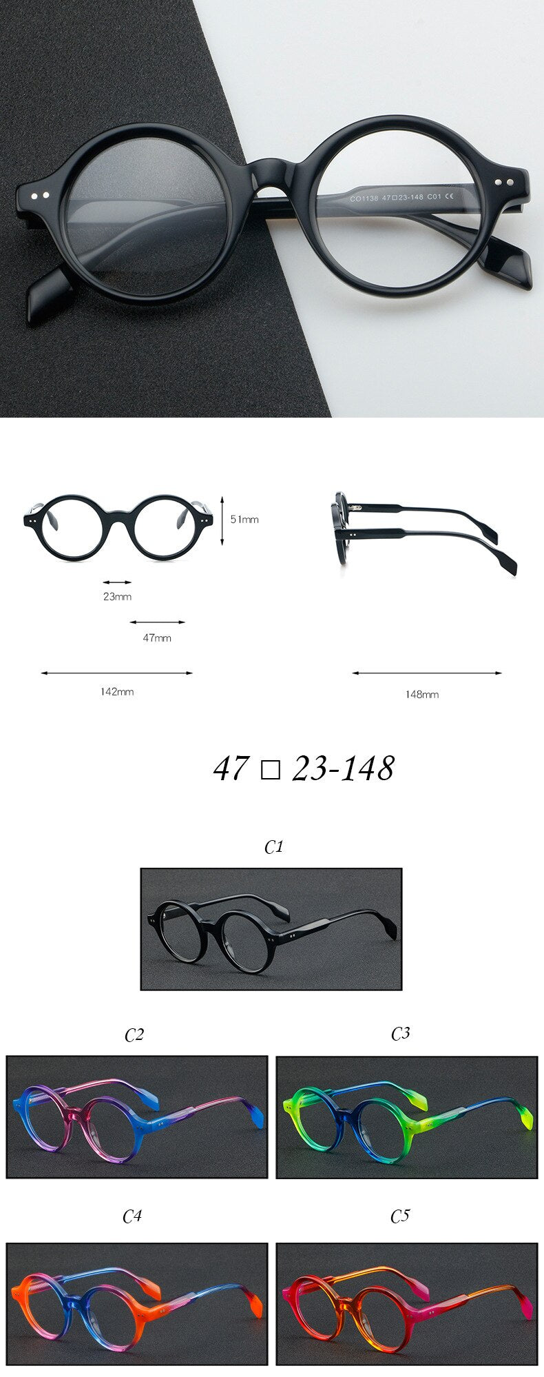 CCspace Unisex Full Rim Round Acetate Eyeglasses 56719 Full Rim CCspace