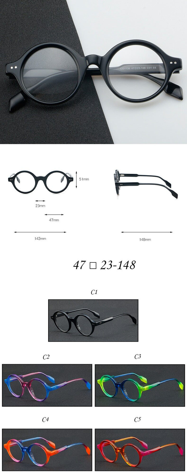 CCspace Unisex Full Rim Round Acetate Eyeglasses 56719 Full Rim CCspace