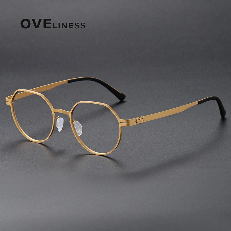Oveliness Unisex Full Rim Flat Top Round Screwless Titanium Eyeglasses 80992 Full Rim Oveliness gold  