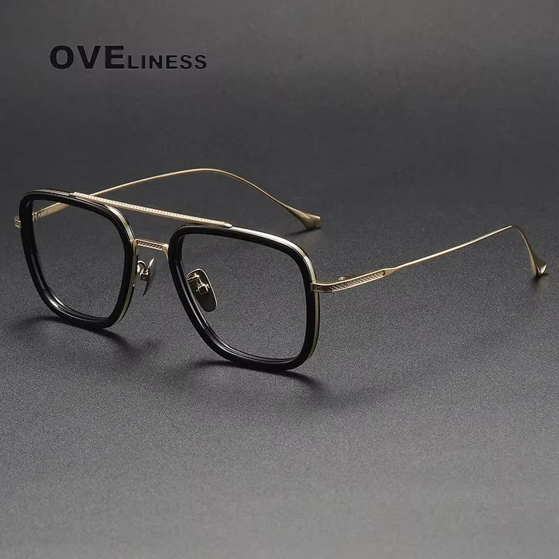Oveliness Unisex Full Rim Square Double Bridge Acetate Titanium Eyeglasses 714006 Full Rim Oveliness black gold