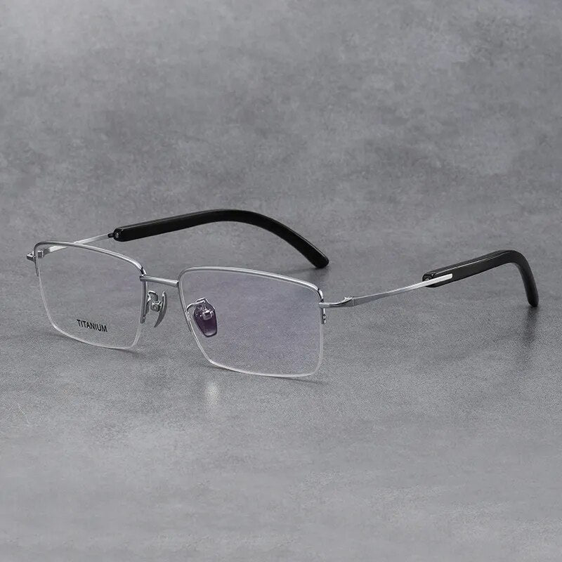 Hdcrafter Men's Semi Rim Square Titanium Horn Temple Eyeglasses H2302 Semi Rim Hdcrafter Eyeglasses Silver
