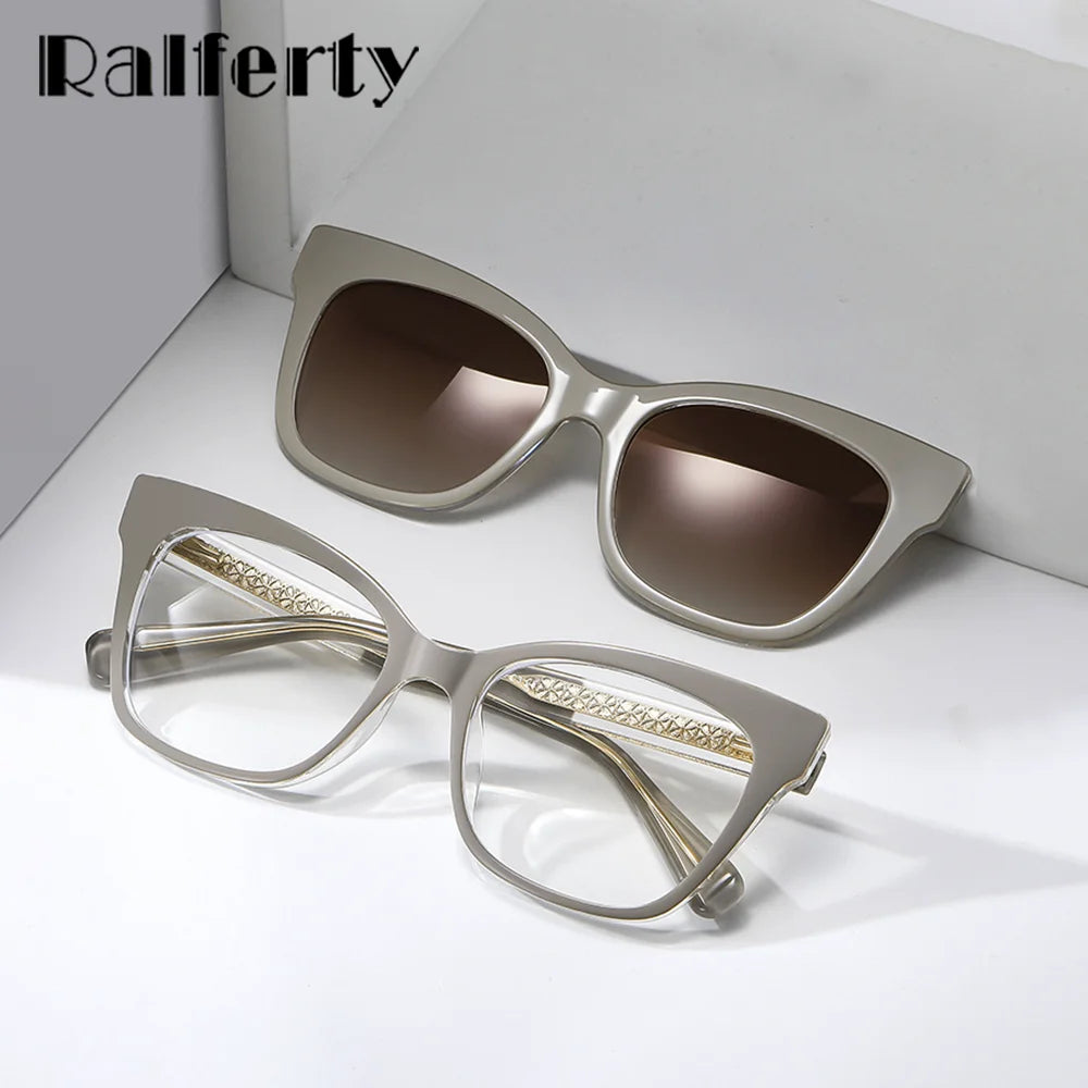 Ralferty Women's Full Rim Square Tr 90 Eyeglasses Clip On Sunglasses 81638