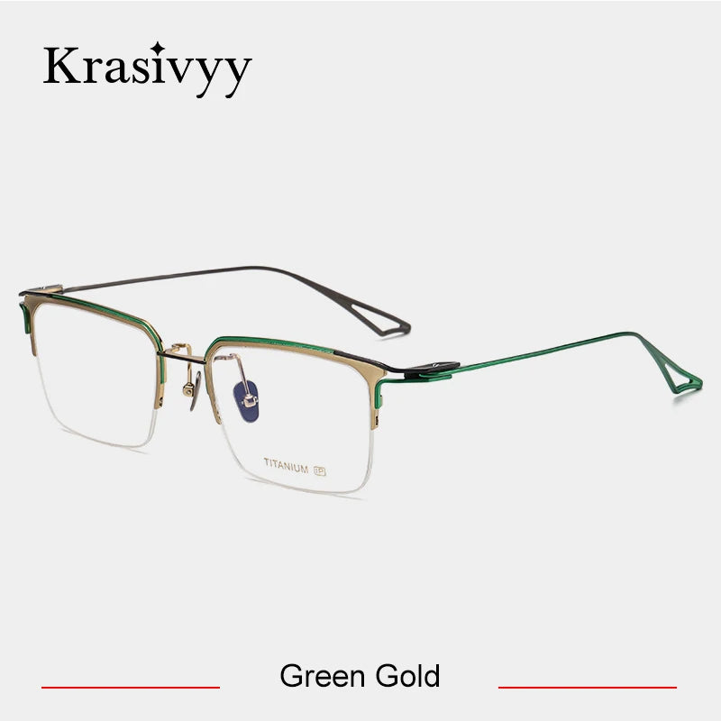Krasivyy Men's Semi Rim Big Square Titanium Eyeglasses 15955 Semi Rim Krasivyy Green Gold