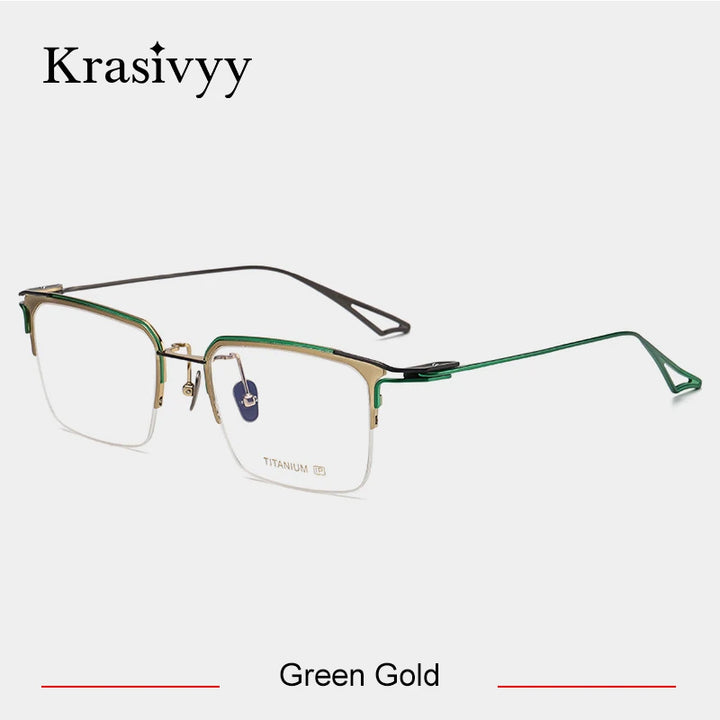 Krasivyy Men's Semi Rim Big Square Titanium Eyeglasses 15955 Semi Rim Krasivyy Green Gold