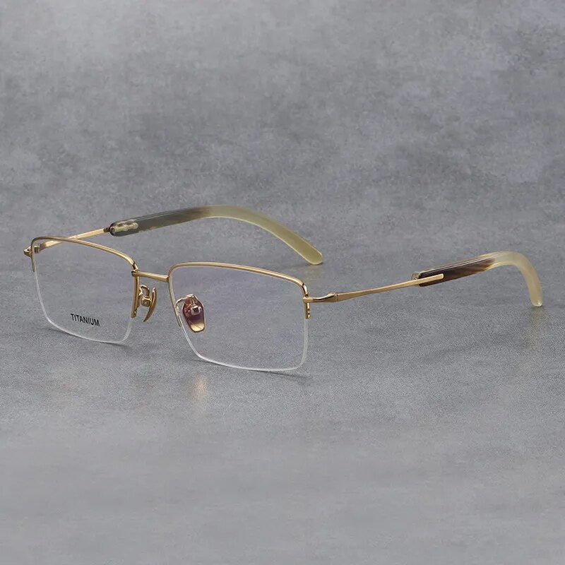 Hdcrafter Men's Semi Rim Square Titanium Horn Temple Eyeglasses H2302 Semi Rim Hdcrafter Eyeglasses Gold  