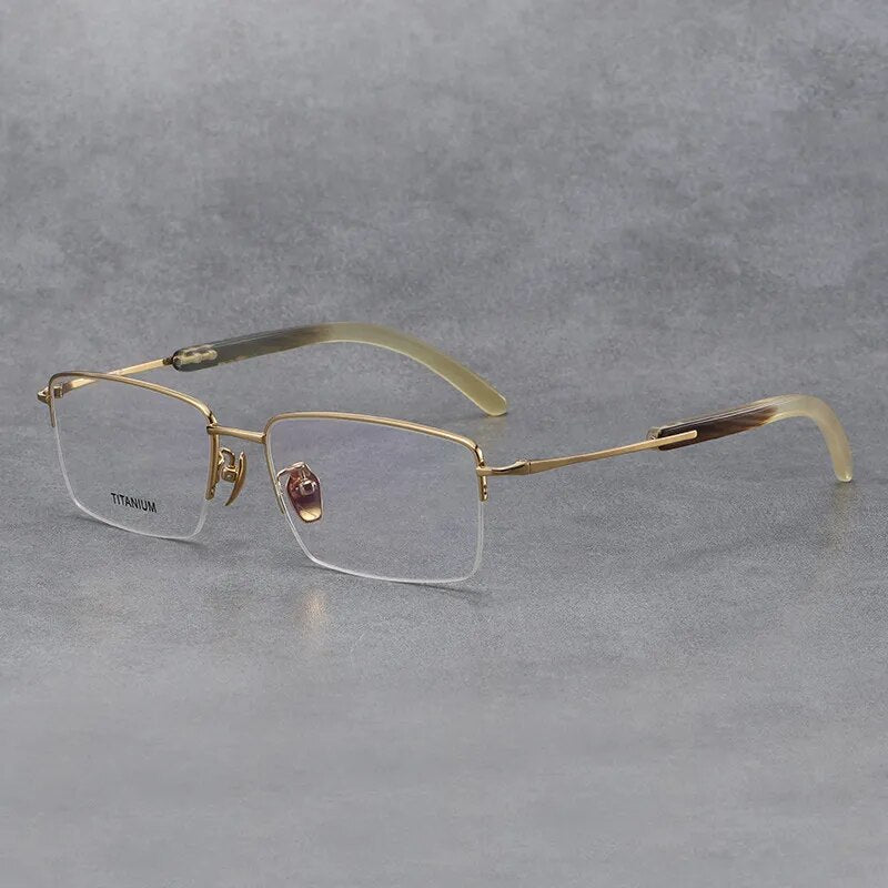 Hdcrafter Men's Semi Rim Square Titanium Horn Temple Eyeglasses H2302 Semi Rim Hdcrafter Eyeglasses Gold