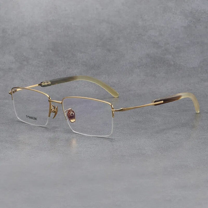 Hdcrafter Men's Semi Rim Square Titanium Horn Temple Eyeglasses H2302 Semi Rim Hdcrafter Eyeglasses Gold