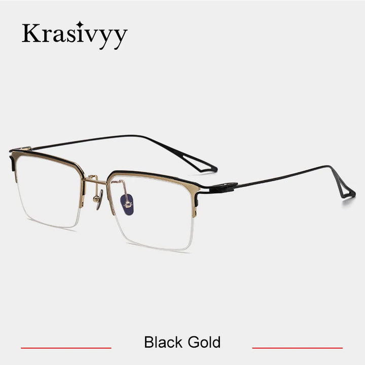 Krasivyy Men's Semi Rim Big Square Titanium Eyeglasses 15955 Semi Rim Krasivyy Black Gold