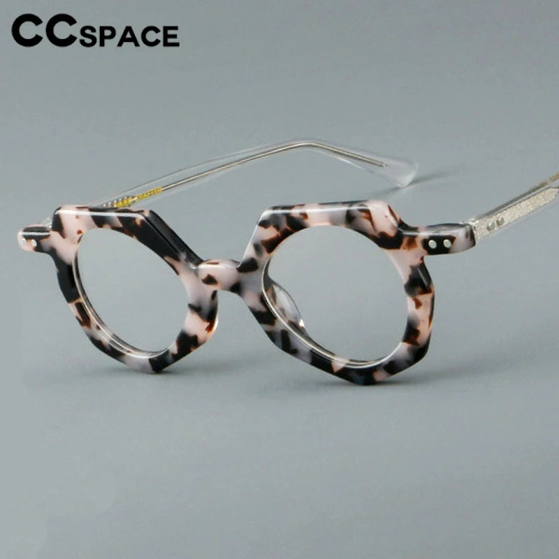 CCspace Unisex Full Rim Flat Top Polygon Round Acetate Eyeglasses 2473 Full Rim CCspace Leopard