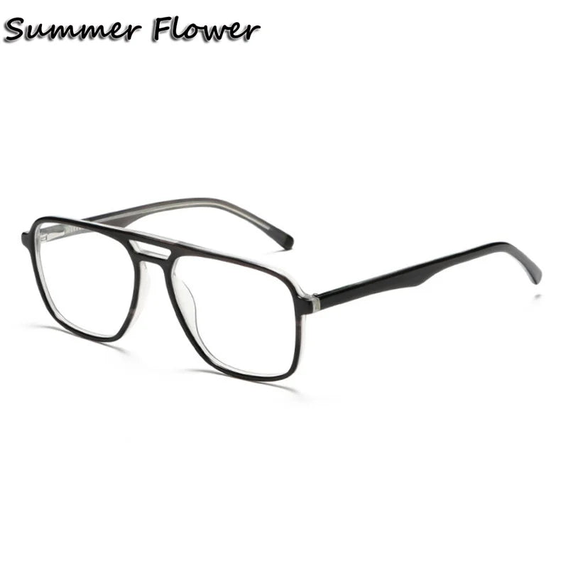Summer Flower Unisex Full Rim Square Double Bridge Acetate Titanium Eyeglasses 81001 Full Rim Summer Flower Black Transparent