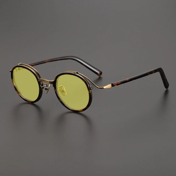 Gatenac Unisex Full Rim Round Polarized Acetate Titanium Sunglasses Mo12 Sunglasses Gatenac Tortoiseshell Yellow