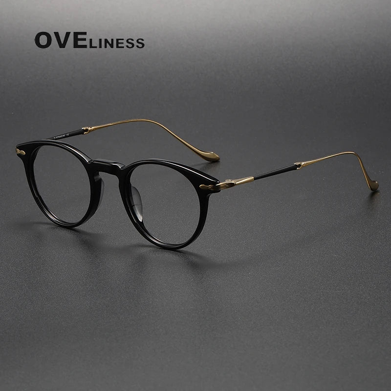 Oveliness Unisex Full Rim Round Acetate Titanium Eyeglasses 2056 Full Rim Oveliness black gold