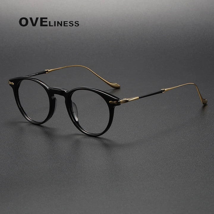Oveliness Unisex Full Rim Round Acetate Titanium Eyeglasses 2056 Full Rim Oveliness black gold