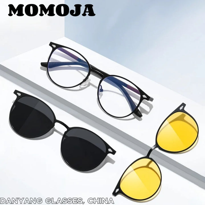 Momoja Women's Full Rim Round Steel Eyeglasses Clip On Sunglasses 77043