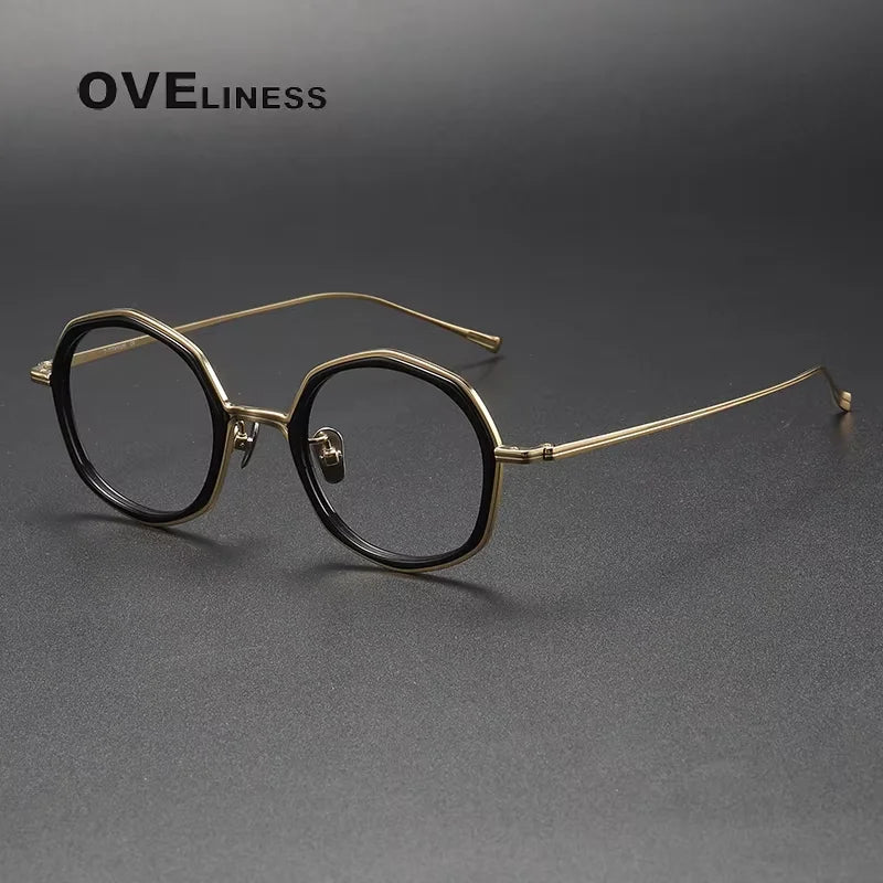 Oveliness Unisex Full Rim Polygon Titanium Acetate Eyeglasses 21135 Full Rim Oveliness black gold