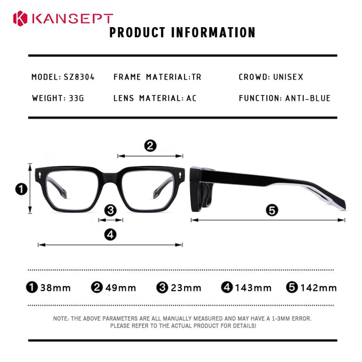 Kansept Unisex Full Rim Square Tr 90 Titanium Reading Glasses 58304