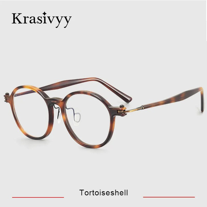 Krasivyy Men's Full Rim Round Acetate Titanium Eyeglasses Rlt5883 Full Rim Krasivyy Tortoiseshell CN 