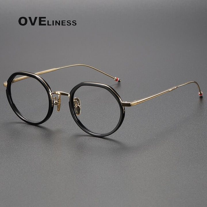 Oveliness Unisex Full Rim Flat Top Round Acetate Titanium Eyeglasses Tbx911 Full Rim Oveliness black gold  