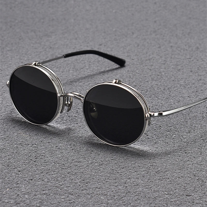 Black Mask Unisex Semi Rim Round Titanium Flip Up Polarized Sunglasses Eyeglasses K54 Sunglasses Black Mask   