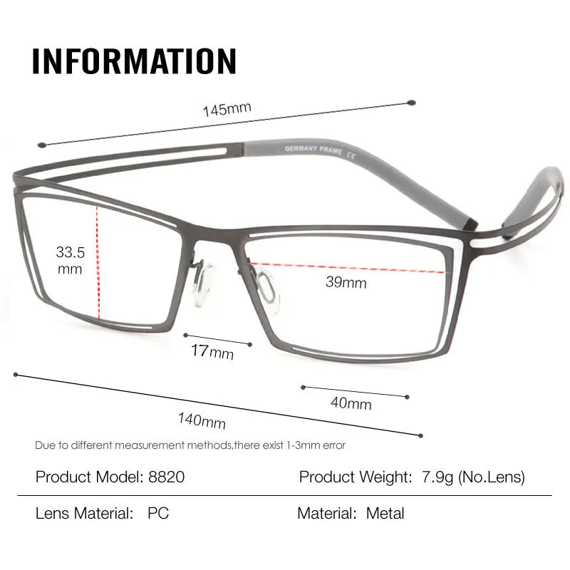 Muzz Unisex Full Rim Square Screwless Stainless Steel Eyeglasses 48820