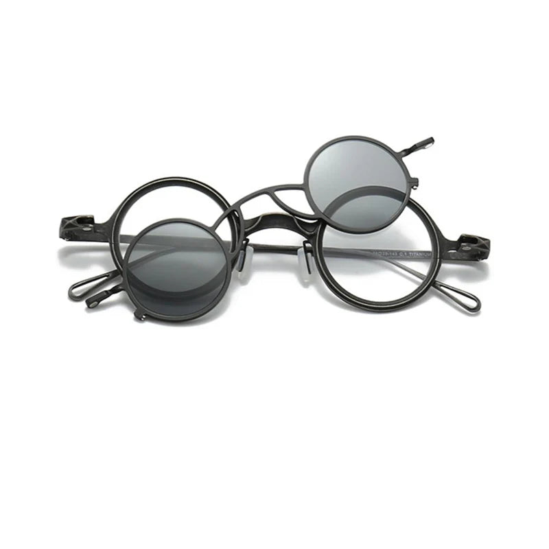 Yujo Unisex Full Rim Round Titanium Eyeglasses Clip On Polarized Sunglasses Y4238 With Clip Ons Yujo