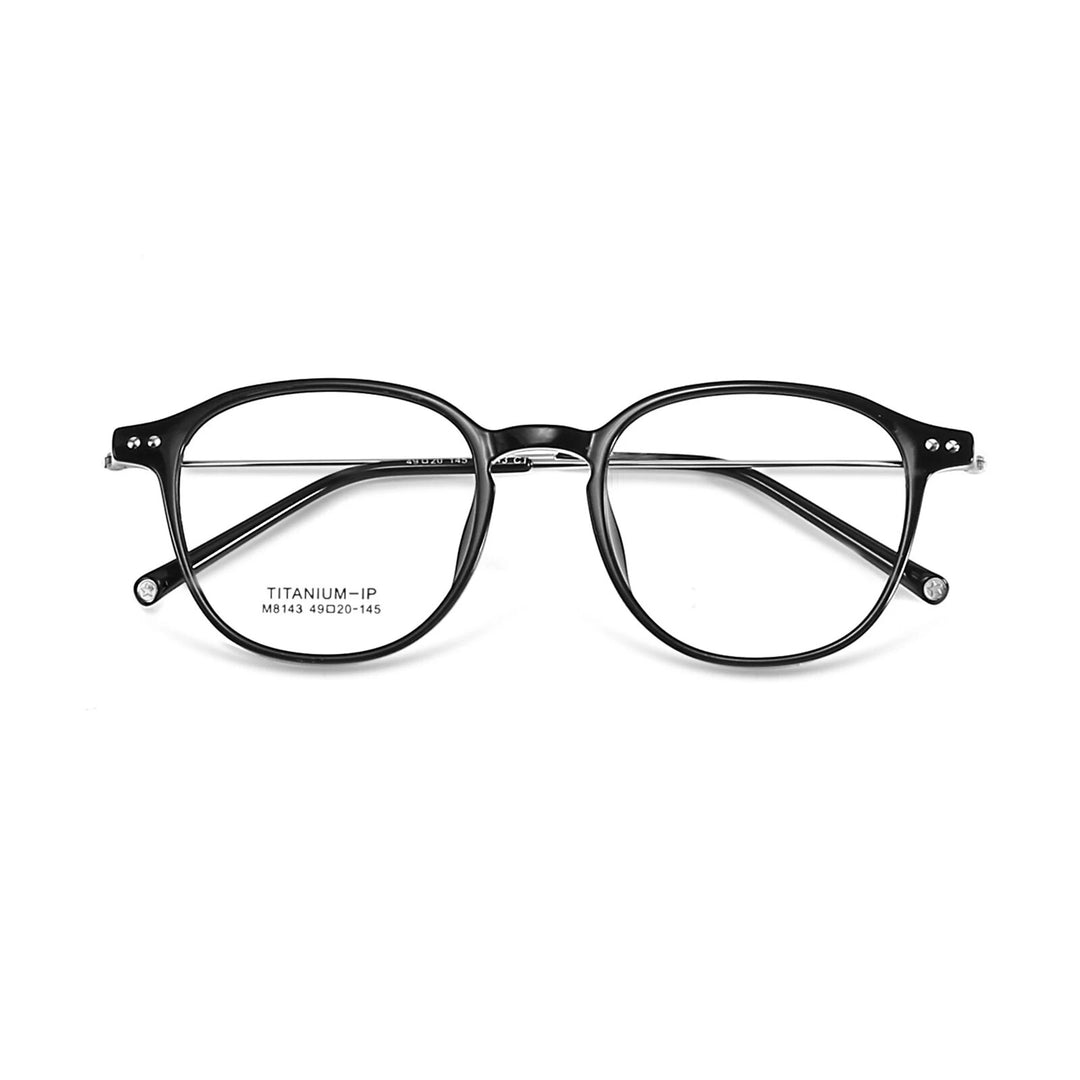 KatKani Unisex Full Rim Round Titanium Alloy Tr 90 Eyeglasses M1843 Full Rim KatKani Eyeglasses Brihgt Black Silver  