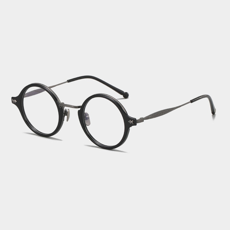 Gatenac Unisex Full Rim Round Acetate Titanium Eyeglasses Gxyj1060 Full Rim Gatenac Black Gun