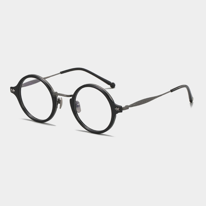 Gatenac Unisex Full Rim Round Acetate Titanium Eyeglasses Gxyj1060 Full Rim Gatenac Black Gun