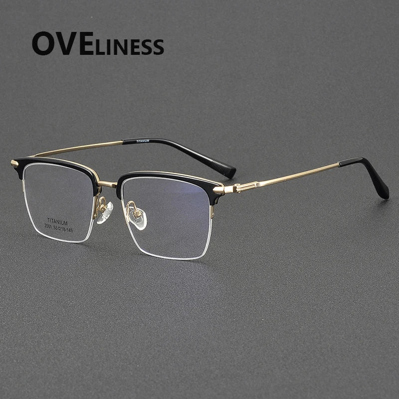 Oveliness Men's Semi Rim Square Acetate Titanium Eyeglasses 852001 Semi Rim Oveliness black gold