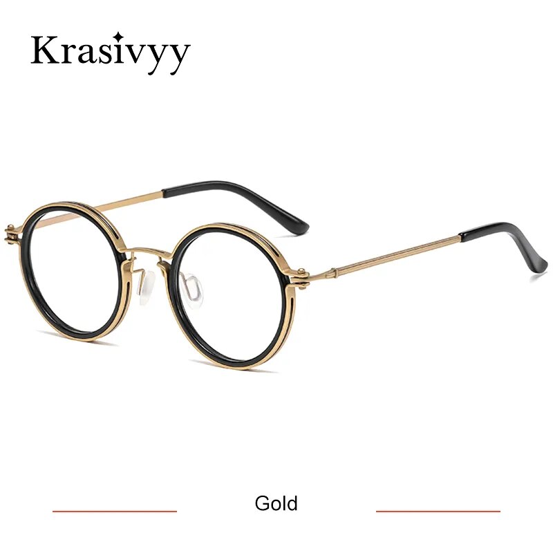 Krasivyy Men's Full Rim Round Titanium Acetate Eyeglasses Kr5860 Full Rim Krasivyy Gold CN 