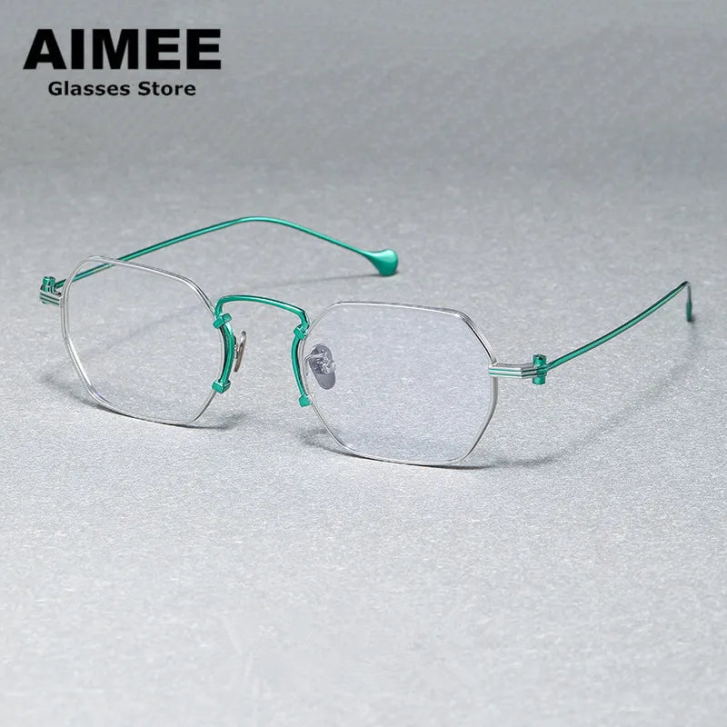 Aimee Unisex Full Rim Flat Top Polygon Titanium Eyeglasses 190069 Full Rim Aimee Green-Silver