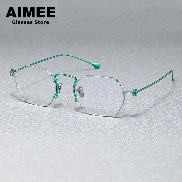 Aimee Unisex Full Rim Flat Top Polygon Titanium Eyeglasses 190069 Full Rim Aimee Green-Silver