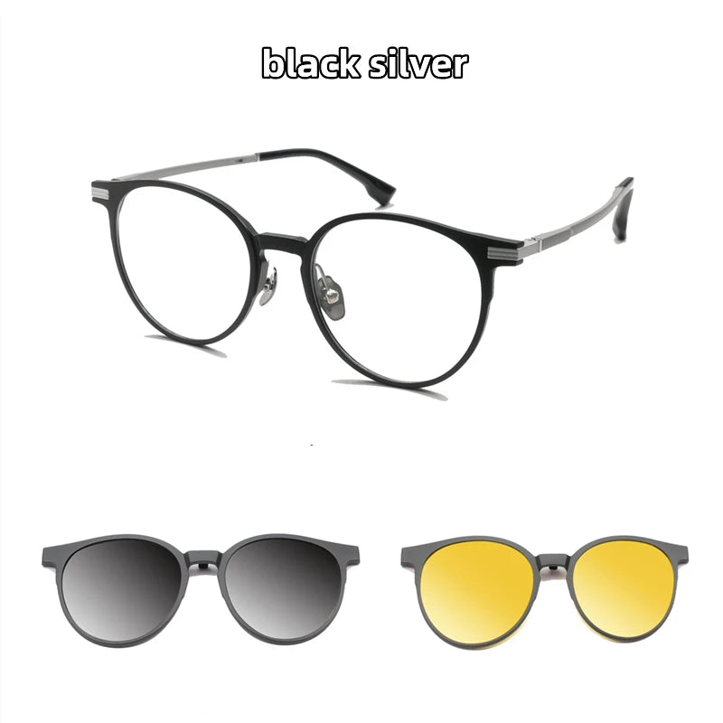 Kocolior Unisex Full Rim Round Tr 90 Eyeglasses Clip On Polarized Sunglasses 9016 Full Rim Kocolior Black SIlver