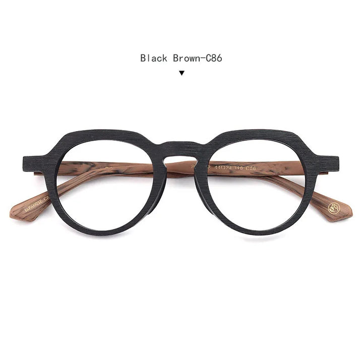 Hdcrafter Unisex Full Rim Flat Top Round Wood Eyeglasses 6022 Full Rim Hdcrafter Eyeglasses Black-Brown
