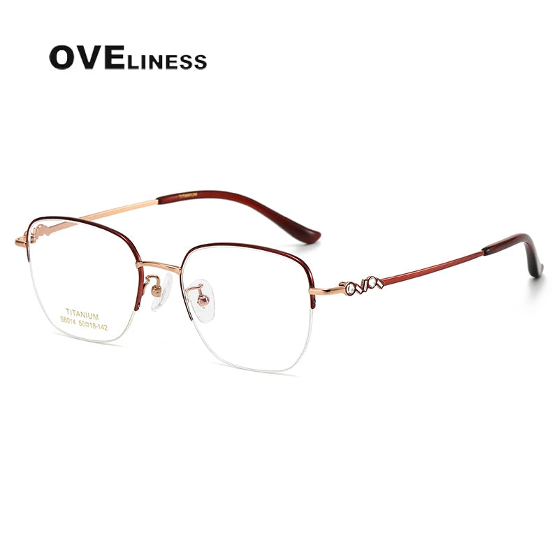 Oveliness Women's Semi Rim Square Oval Titanium Eyeglasses 6014 Semi Rim Oveliness red rose gold