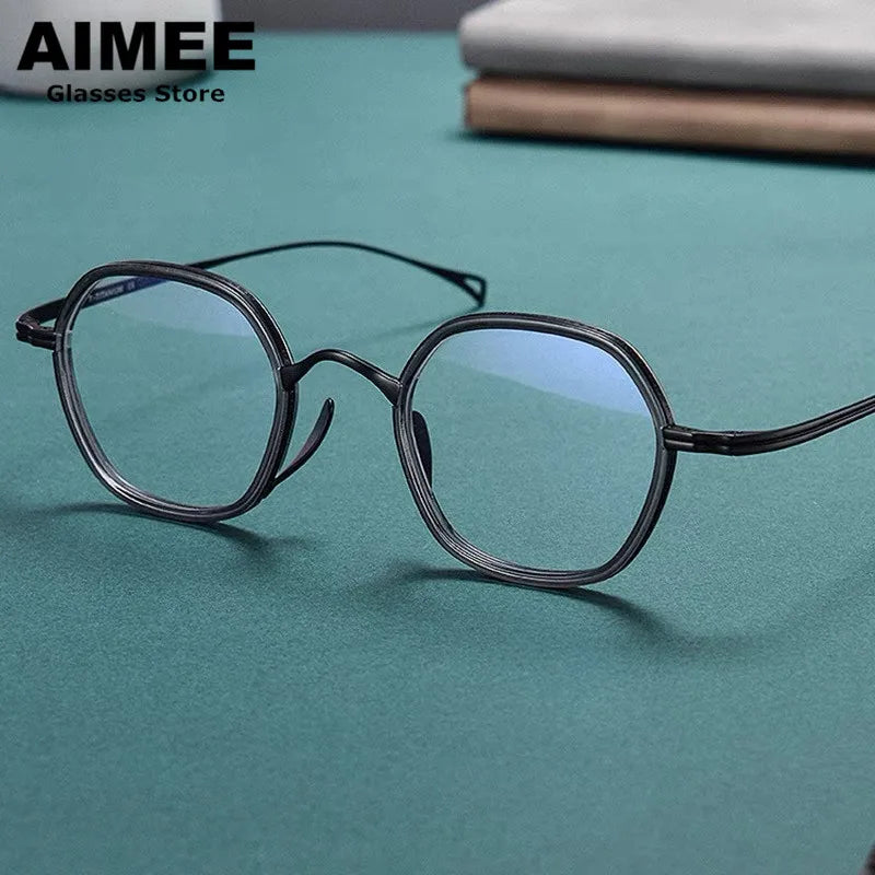 Aimee Unisex Full Rim Polygon Oval Titanium Acetate Eyeglasses 480807 Full Rim Aimee Grey-Black