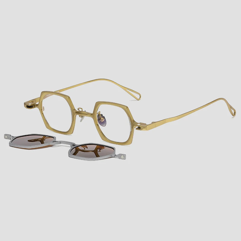Gatenac Unisex Full Rim Polygon Titanium Eyeglasses Clip On Sunglasses 1511 Clip On Sunglasses Gatenac Gold Brown Clip