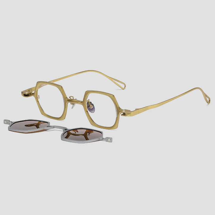 Gatenac Unisex Full Rim Polygon Titanium Eyeglasses Clip On Sunglasses 1511 Clip On Sunglasses Gatenac Gold Brown Clip