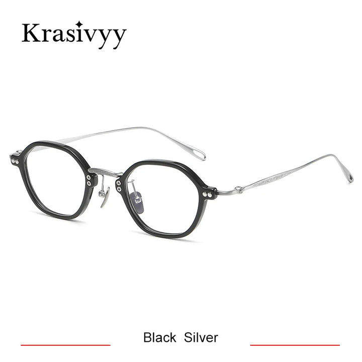 Krasivyy Unisex Full Rim Flat Top Polygon Titanium Acetate Eyeglasses 45957 Full Rim Krasivyy Black Silver