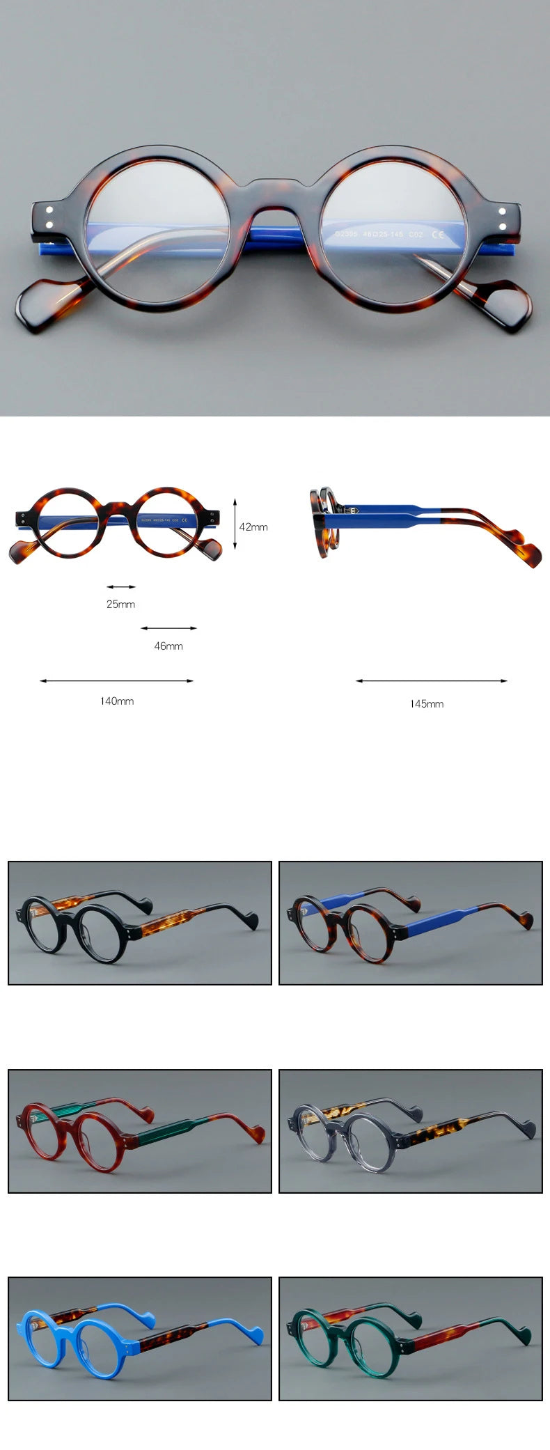 CCspace Unisex Full Rim Round Acetate Eyeglasses 57257 Full Rim CCspace